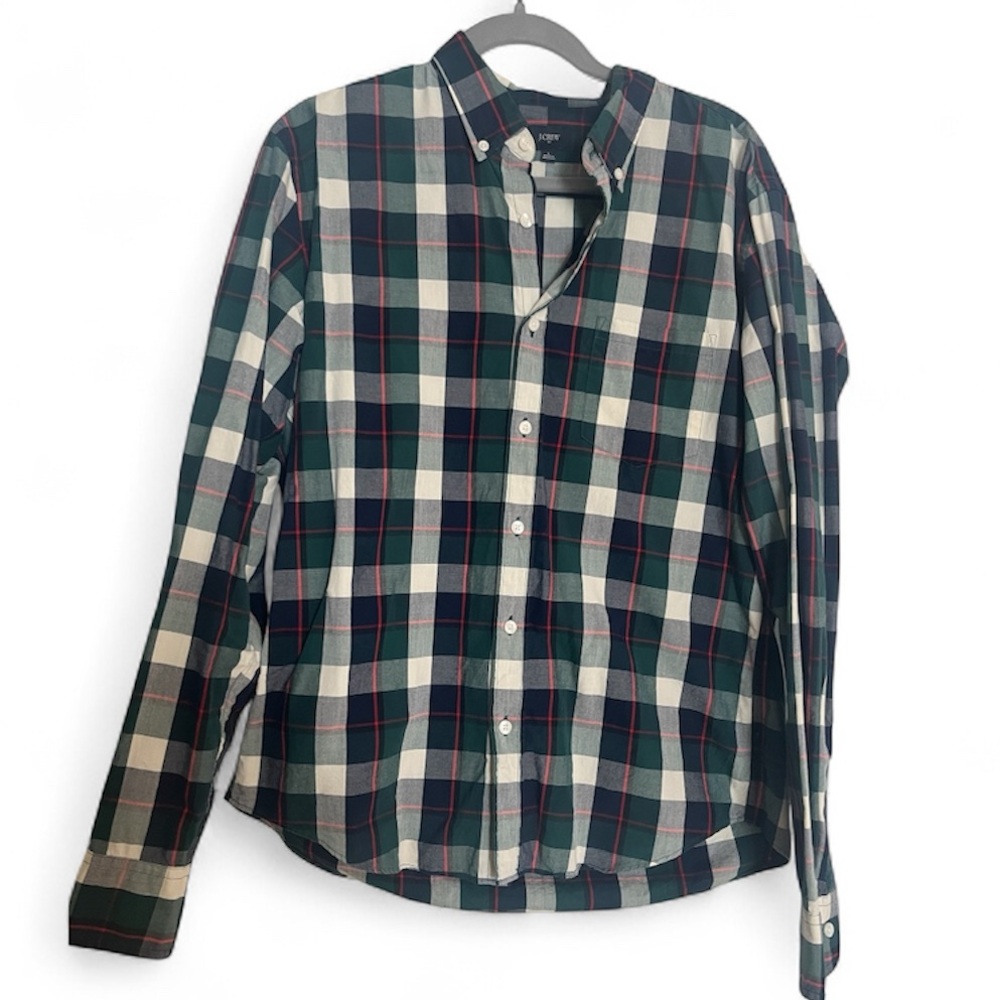 J. Crew Slim Fit Plaid Button Down Oxford Collar Long-Sleeve Dress Shirt Green
